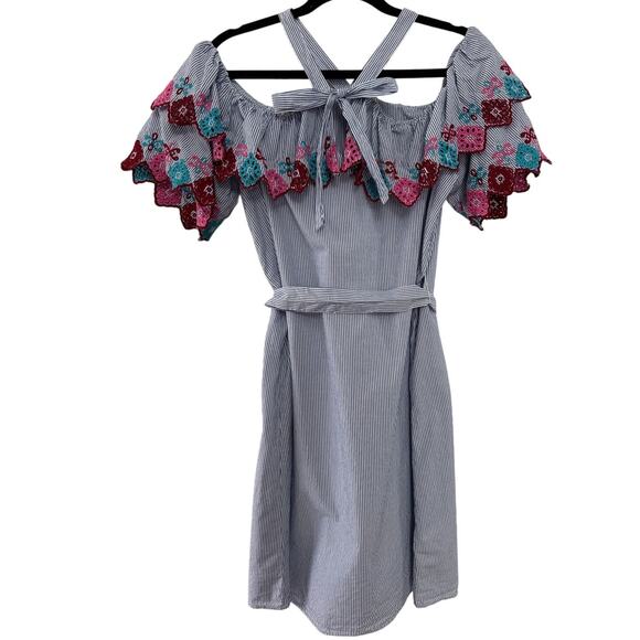 Loft ruffled embroidery off shoulder blue white stiped fiesta halter dress small - Picture 4 of 12